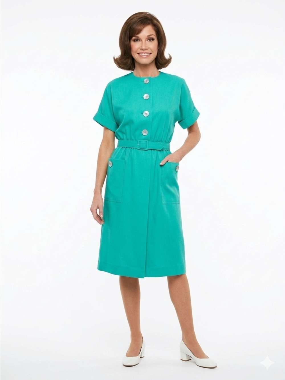 LESLIE FAY Vintage Shirt Dress Aqua Green Size 8 Belted Elastic Waist EUC lcsr
